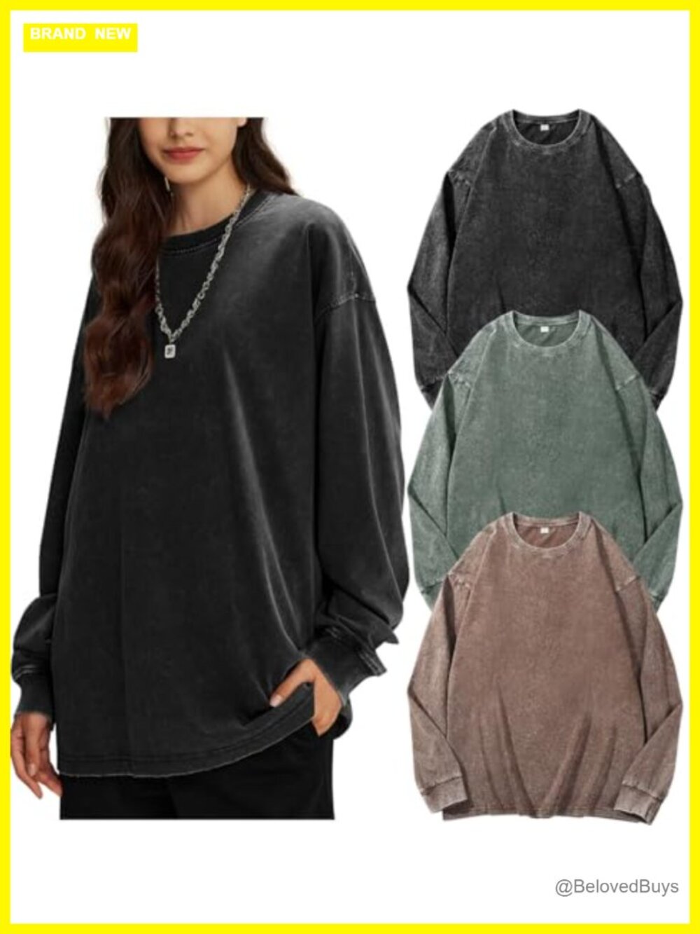 Oversized Long Sleeve T-Shirt 100% Cotton Acid Wash Pullover Crew Neck